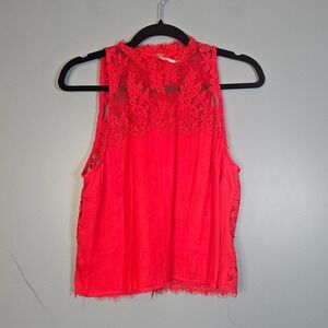 Free People Red Lace Mock Neck Sleeveless Tank Top Shirt Women S
